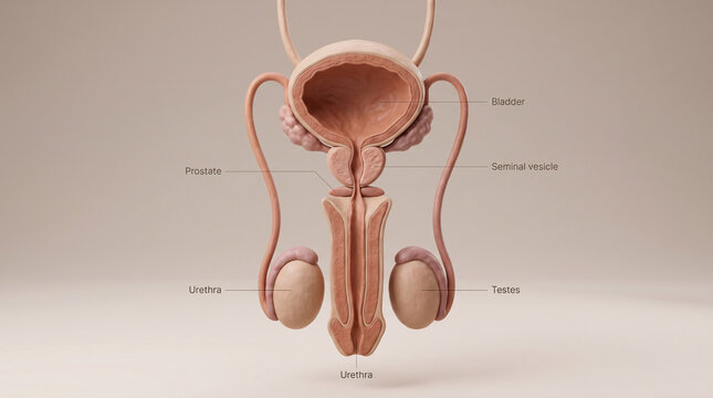 3D medical illustration of the male reproductive system with anatomical labels.