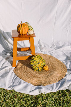 Autumn still life with gourds on stool and woven mat