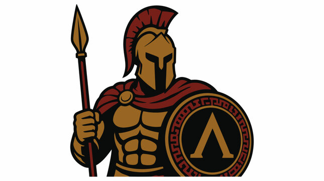 Spartan warrior holding spear and shield in armor.