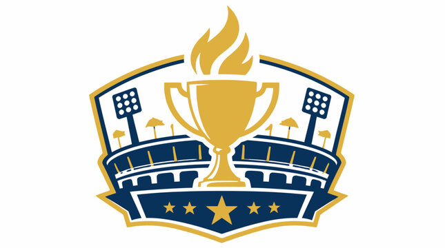 Sports championship logo with trophy cup and stadium shield.