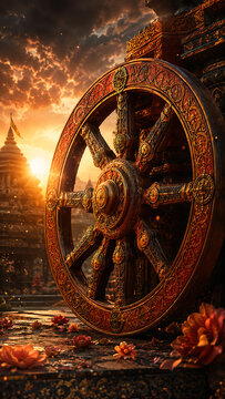 Glowing carved wooden wheel rests among scattered lotus flowers during the peaceful jagannath rath yatra morning celebrating the grand rath yatra temple festivities