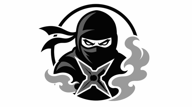 Ninja head mascot with shuriken star and smoke.