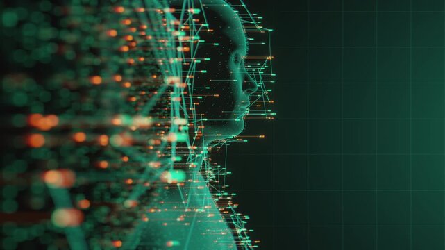 3d animation of digital human silhouette integrated with complex neural network. Abstract data visualization, HUD interface infographics and telemetry metrics analyzing human mind