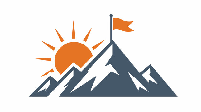 Mountain success logo with summit flag and rising sun.