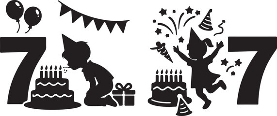 Obraz premium Happy 7th birthday celebration vector illustrations for boy and girl with cakes, candles, balloons, and gifts.