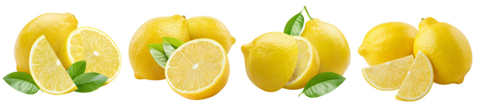 Set of fresh whole and sliced lemons with green leaves, isolated on transparent cutout background