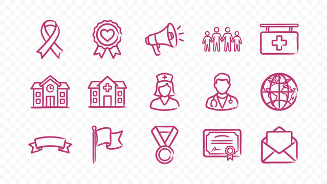 philanthropy medical and help doodle handmade ink scribble flat line art vector illustration icon bundle set calligraphy drawing design pink ribbon doctor hospital human help