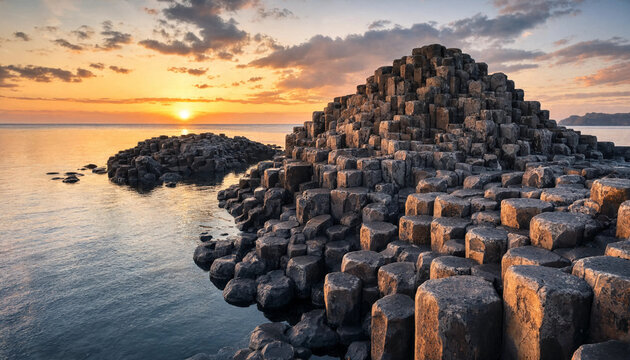 The giant causeway basalt columns at sunset with hexagonal rock formations along the ocean coast under a dramatic colorful evening sky