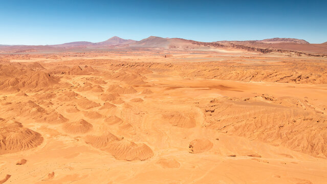 Aerial view of eroded badlands in Desierto del Diablo