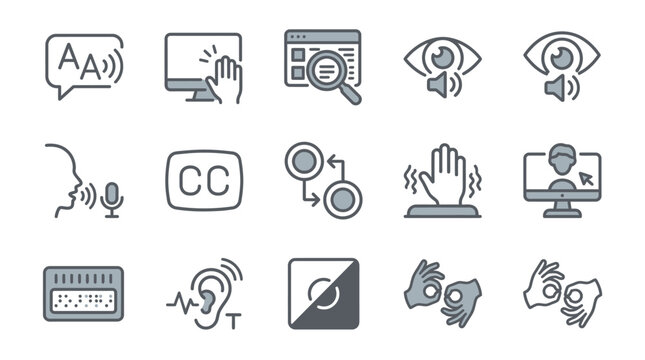 Elegant Minimalist Icons Set Featuring Accessibility and Communication Tools in Monochromatic Gray and White