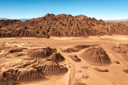 Aerial view of eroded badlands in Desierto del Diablo