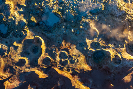 Aerial view of Sol de Manana Geysers in Bolivia