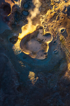 Aerial view of Sol de Manana geyser field in Bolivia