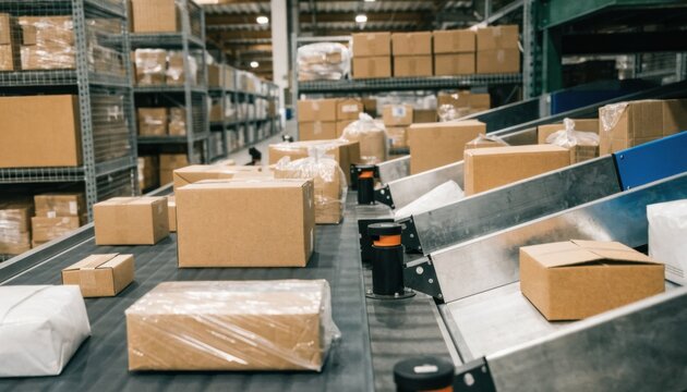 Medium shot showing automated diverters on a conveyor belt routing varioussized packages into multiple chutes for organized shipment and distribution.