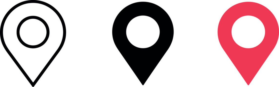 Minimal Location Pin Icon Set with Black White and Red Map Marker Symbols