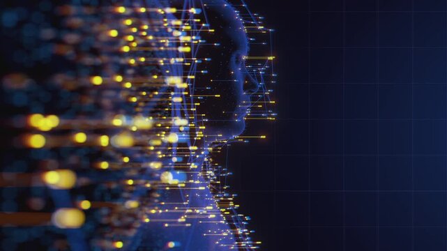 Futuristic digital human silhouette integrated with complex neural network. Abstract data visualization, HUD interface infographics and telemetry metrics analyzing human mind and artificial intelligen