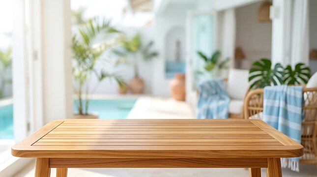 Empty wooden table top surface with blurred luxury villa patio and swimming pool background for product advertisement.