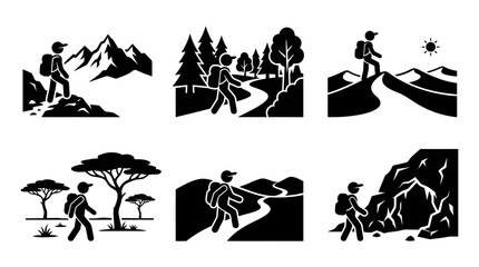 Obraz premium Black silhouette icons of hiking and mountain trekking.