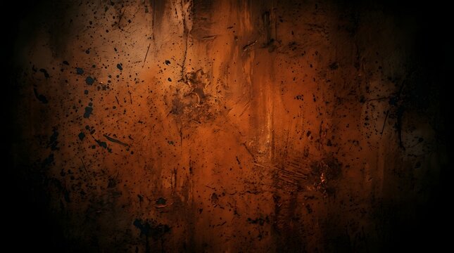 A dramatic and moody dark orange textured wall backdrop featuring weathered concrete details, deep black splatters, and a heavy vignette effect for a cinematic atmosphere.