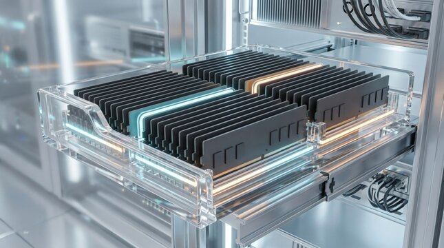 Futuristic server memory modules sliding out of data center rack