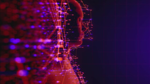 3d animation of digital human silhouette integrated with complex neural network. Abstract data visualization, HUD interface infographics and telemetry metrics analyzing human mind