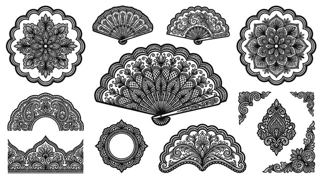 Collection of black lace decorative elements including folding fans mandalas and ornate floral borders on white background
