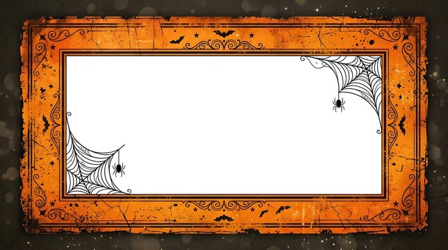 A vintage Halloween themed rectangular frame featuring distressed orange textures, elegant black filigree corners, spider webs, hanging spiders, and silhouettes of bats against a dark background.