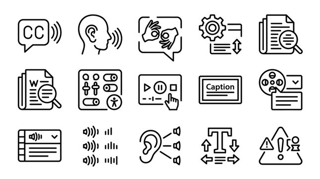 Clean Minimalist Black and White Icons Set Featuring Accessibility and Media Concepts for Web Design