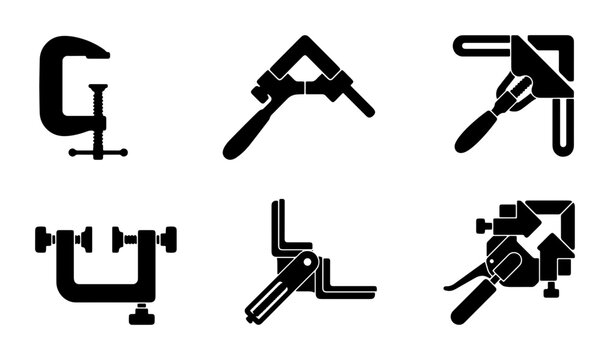 Corner Clamp Icons, Right Angle Clamp Set, Woodworking Tools, Metalworking Fixtures, Vector Graphics