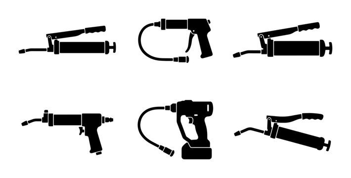 Grease Gun Set, Lubrication Tools Collection, Industrial Equipment Icons, Maintenance Supplies Vector