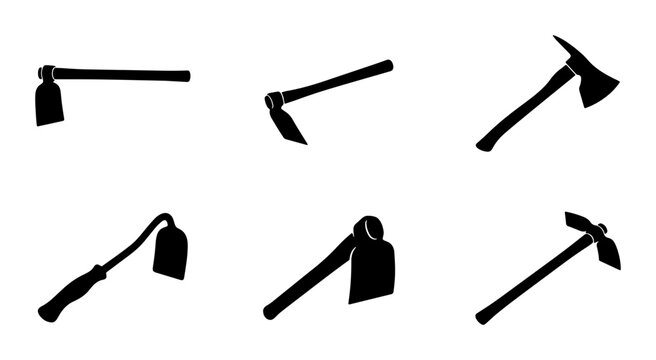 Gardening Tools Collection, Hoe and Axe Silhouettes, Agricultural Implements Set