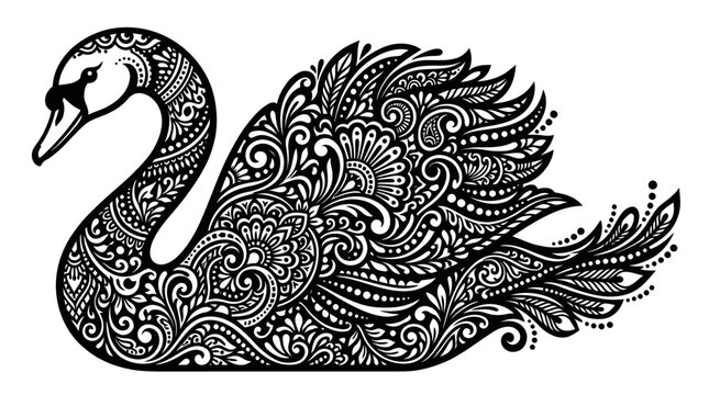 Ornate swan silhouette with complex mandala and floral patterns for decorative art.