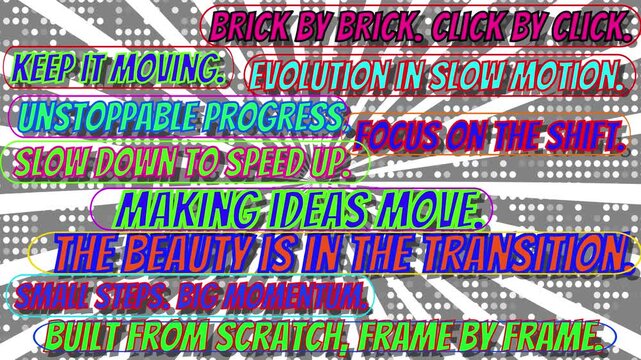 Comic Book Style Motivational Phrases and Creative Quotes Collection on Halftone Sunburst Background, Retro Pop Art Animation Titles for Stop Motion and Video Editing Templates with Vibrant Neon