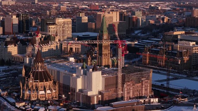 Spinning aerial view of parliament hill ottawa under construction