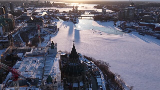 Spinning aerial view of parliament hill ottawa under construction