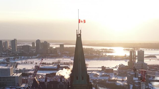 Spinning aerial view of parliament hill ottawa under construction