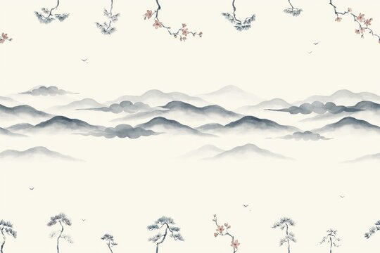 Seamless wallpaper with watercolor style misty mountains, distant hills, pine tree branches, and small birds against a soft cream background