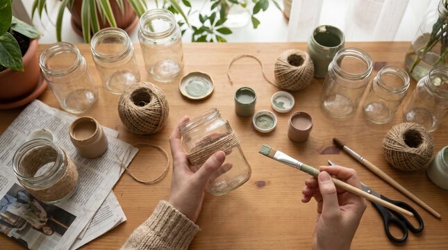 Hands wrapping glass jar with twine on wooden table with scissors and plants background, DIY craft concept, rustic home decor template.