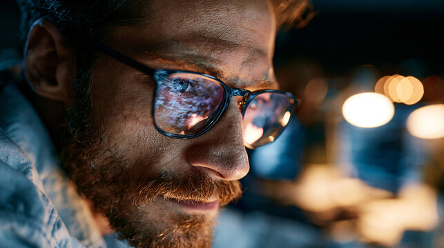 Cybersecurity analyst in glasses examining a network alert reflected in side profile low light, focused incident response scene at a realistic workstation
