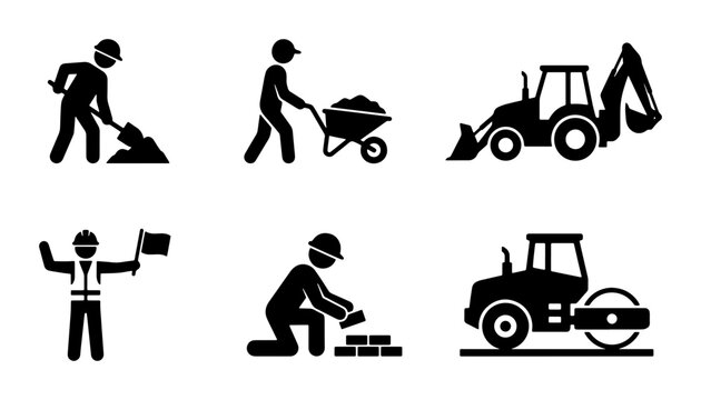 Construction Icons Set: Workers, Vehicles, Equipment, Building, Road Roller, Vector Graphics