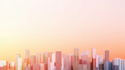 Obraz premium Vibrant city skyline at sunset showcases blend of peach and orange tones, creating serene atmosphere