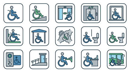 Creative Accessibility Icons Set Colorful Wheelchair Symbols for Public Facilities Transport and Services © su