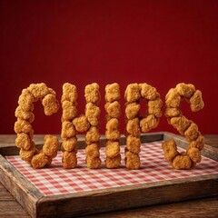 Fototapeta premium The word CHIPS is formed using stacked, crispy golden chicken nuggets standing upright on red checkered paper inside a rustic wooden tray.