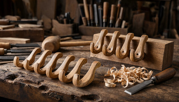 Wooden coat hooks arranged on a workbench in a carpentry workshop with wood shavings and chisels scattered on the rustic wooden surface area