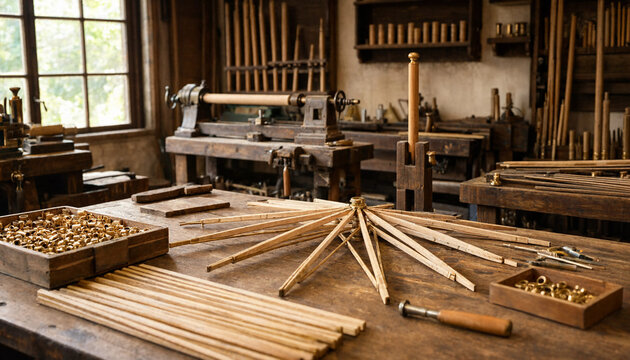 Wooden umbrella frame components laid out on a workbench in a traditional workshop with various woodworking tools and lathe equipment visible