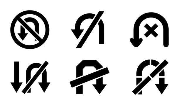 U-Turn Sign Icons Set, No Turn Arrows, Forbidden Maneuver Symbols, Vector Graphics