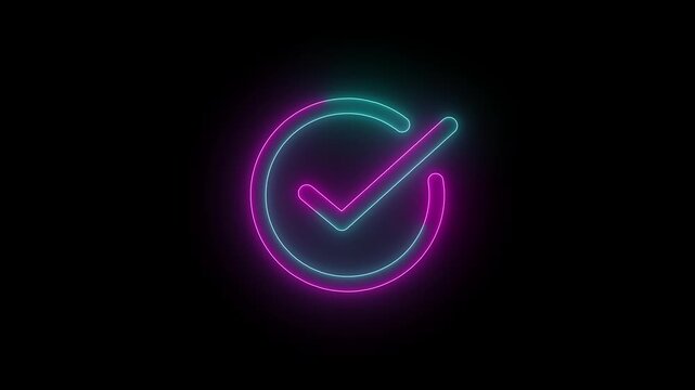 Neon check mark on black background, checkmark animation symbol, yes approve choice, approved tick mark, verified symbol, yes icon, check mark flat style