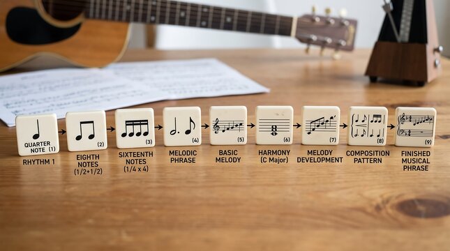 Music theory education tiles on wooden table, acoustic guitar and metronome background, step by step musical composition and rhythm learning concept