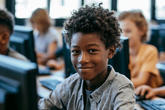 African american boy smiling in computer lab