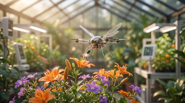 Drone flying over colorful flowers in modern greenhouse with hydroponic plants and natural light.